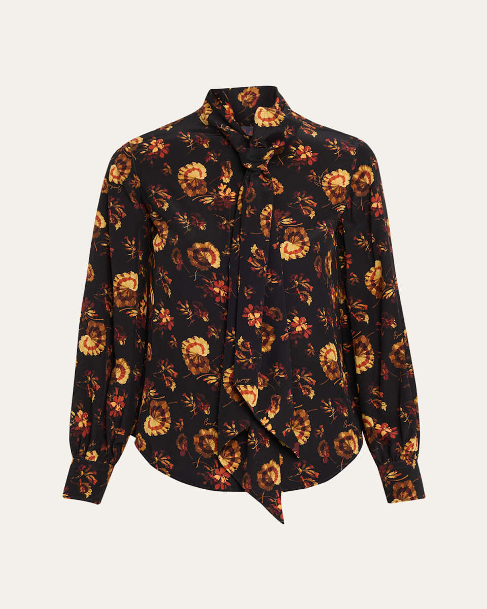 Lina Floral Silk Neck-Scarf Button-Down Shirt